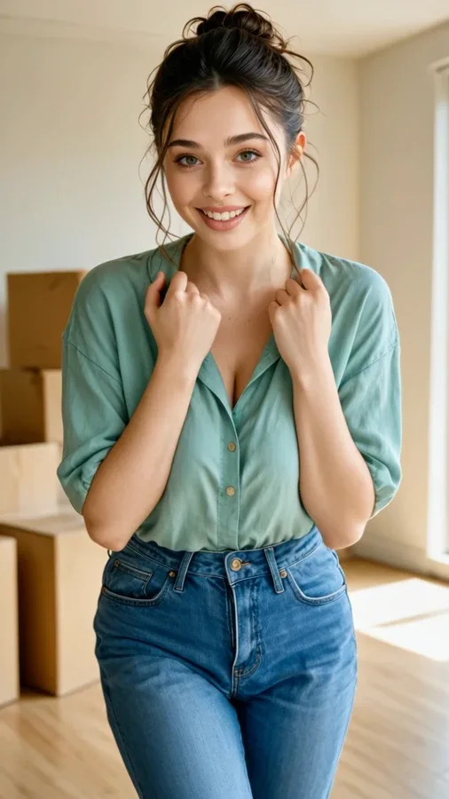 Lea Fontaine, Candy AI character, dark hair in a green shirt, portrait from the Candy home page