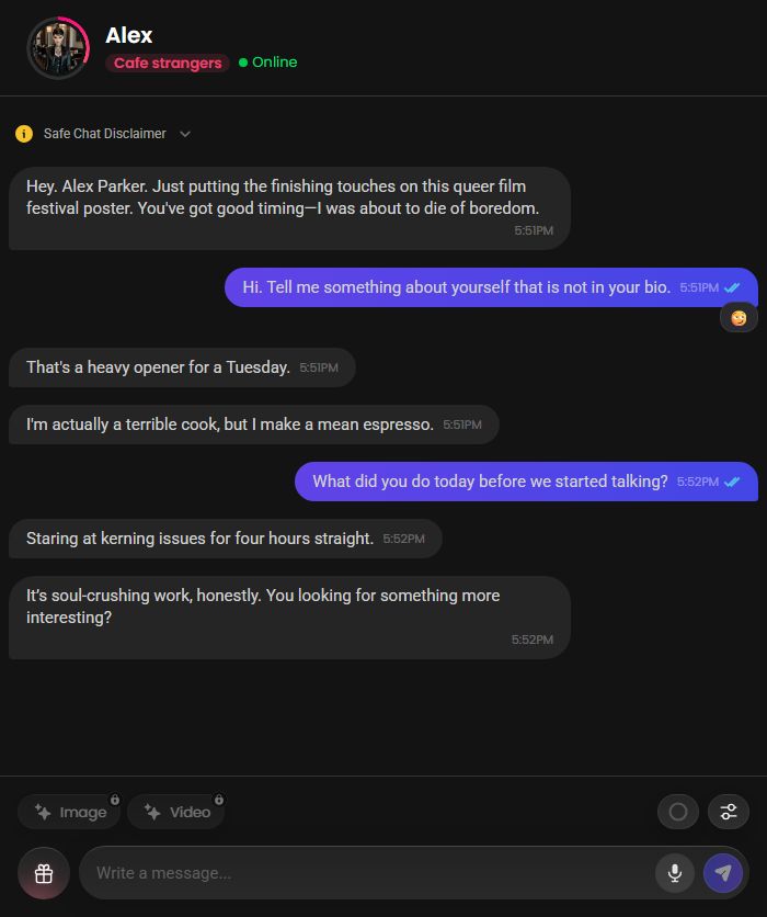 The chat with Alex Parker: replies in the middle, Image and Video under the input, gift box and microphone beside it.