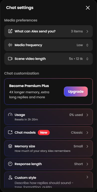 The settings of one chat: what she can send, media frequency and scene video length on top, chat model, memory and reply style below.