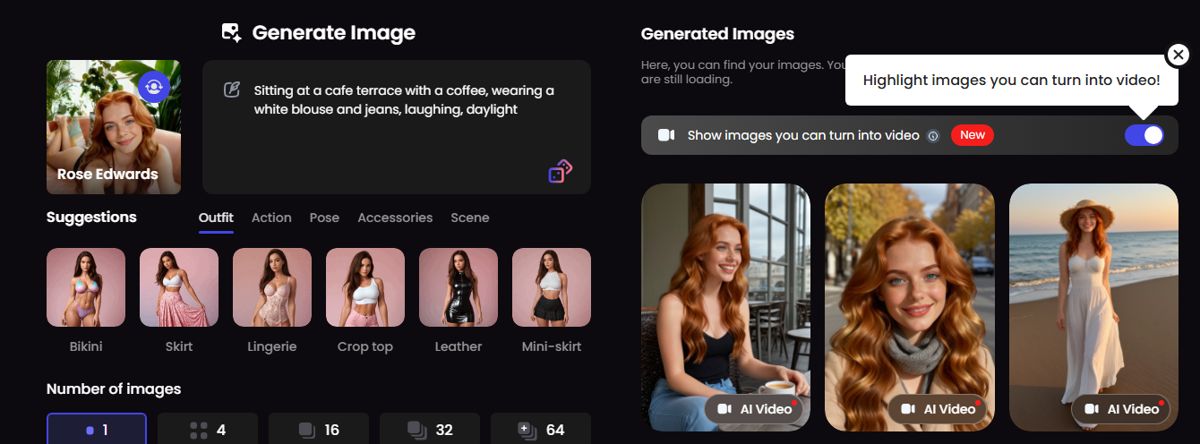 The Generate Image page on our account: prompt box on the left, the price of 4 tokens on the button, results on the right.