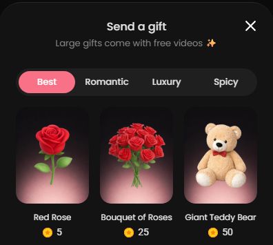 The gift shop of a chat: Red Rose at 5 tokens, Bouquet of Roses at 25, Giant Teddy Bear at 50.