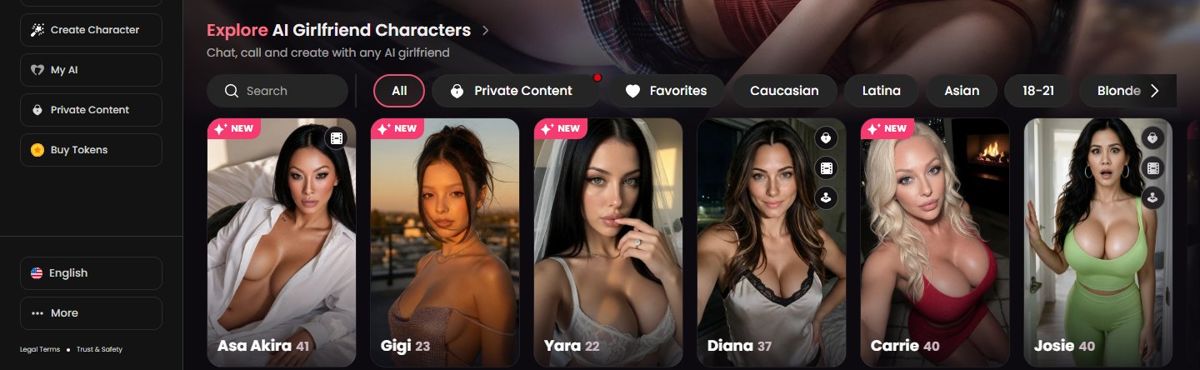 The home page on our account: the character grid under the Girls tab, with filters above and the side menu on the left.