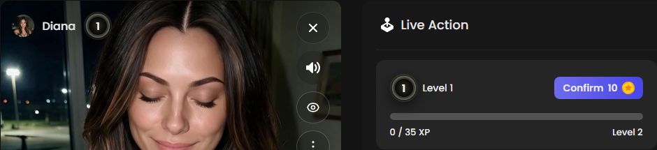 The live action page of Diana Demont on our account at level 1: video on the left, level, Skip to Level 2 at 10 tokens and the XP bar on the right.