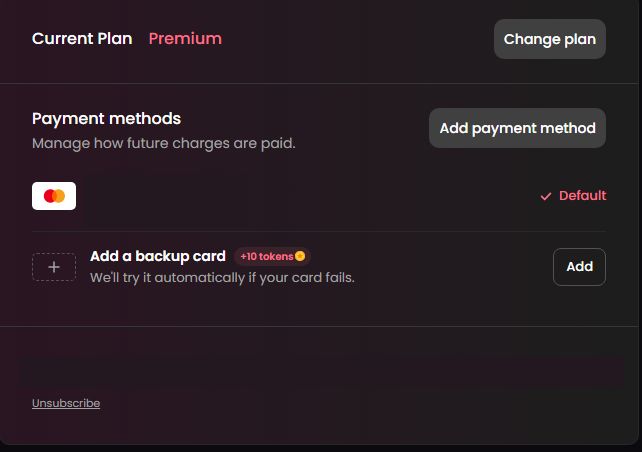 The plan block in our account settings: current plan, Change plan, payment method, renewal date and the Unsubscribe link.