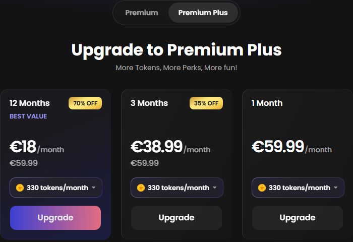 The Premium Plus tab: 12 months at 18 a month, 3 months at 38.99, 1 month at 59.99, 330 tokens a month on each card.