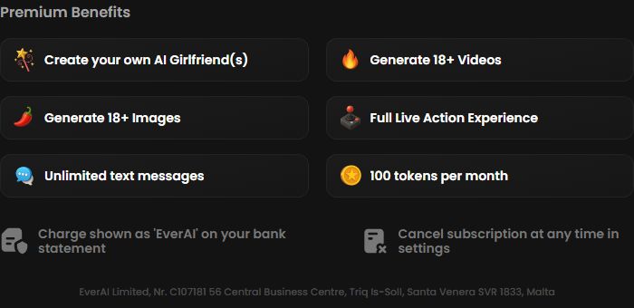The benefits list under the plans: create your own AI, 18+ videos and images, full live action, unlimited messages.