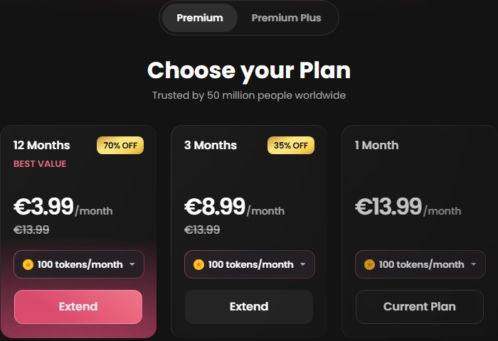 The Premium tab of the subscriptions page: three cards for 1, 3 and 12 months, each with its monthly price and a tokens dropdown.