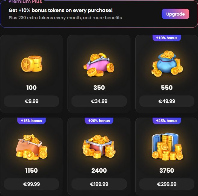 The Buy Tokens page: six packs from 100 tokens at 9.99 to 3,750 at 299.99, with the bonus badge on the larger ones.
