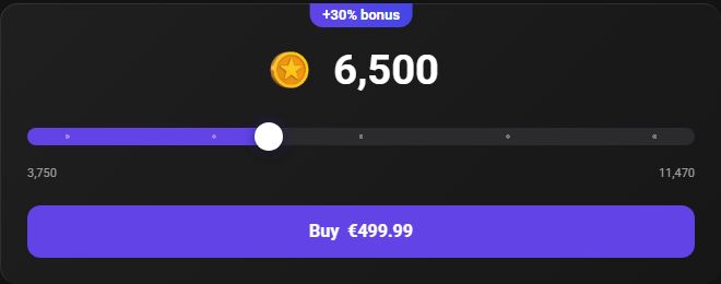 The slider under the packs: from 3,750 up to 11,470 tokens for 499.99.